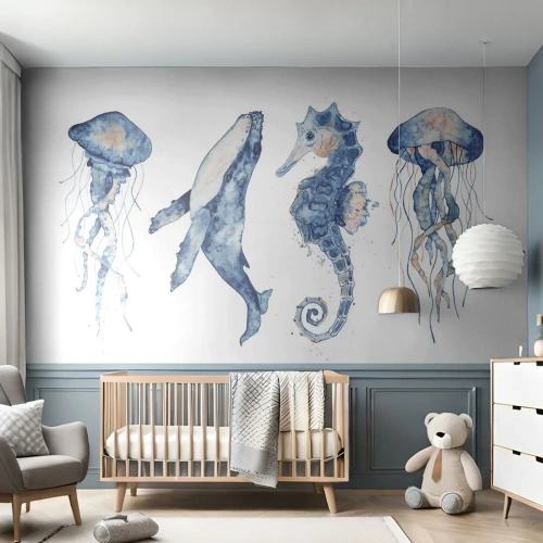 Papier Peint Photo Standard Eco - Illustrations à l'aquarelle de méduses, d'une baleine et d'un hippocampe - 100x70cm - Merveilles de la mer - Décoration murale moderne pour le salon et la chambre ARTTOR
