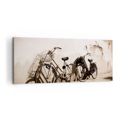 Impression sur toile - Image sur toile - Deux vélos appuyés contre un vieux mur de style rétro - 120x50cm - Le charme inoubliable du passé - Décoration murale moderne pour le salon et la chambre ARTTOR