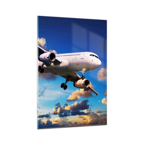 Impression sur verre - Image sur verre - Un avion de ligne contre les nuages au coucher du soleil - 70x100cm - Un voyage en blanc et bleu ciel - Décoration murale moderne pour le salon et la chambre ARTTOR