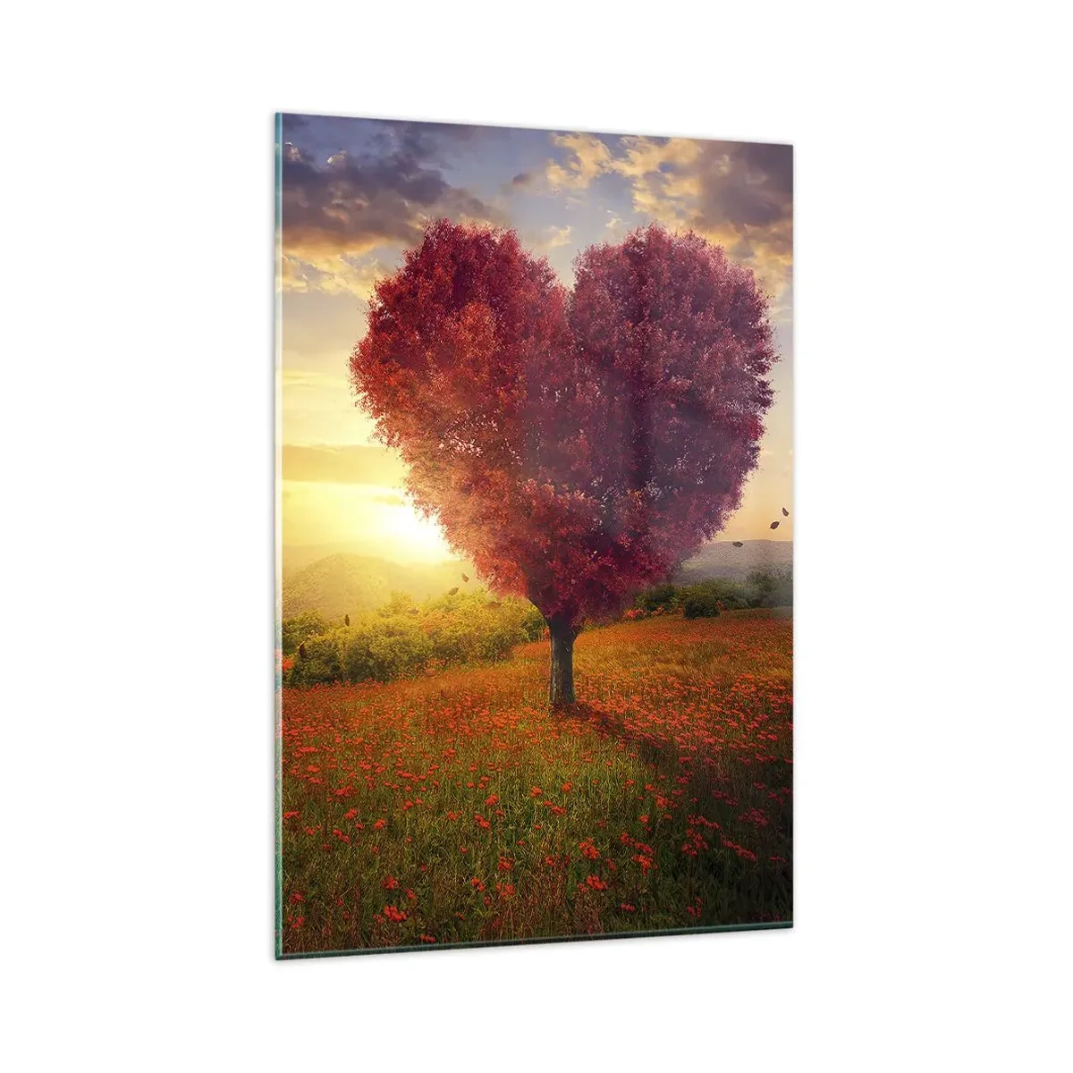 Impression sur verre - Image sur verre - Arbre en forme de cœur au coucher du soleil - 80x120cm - Touche le cœur - Décoration murale moderne pour le salon et la chambre ARTTOR