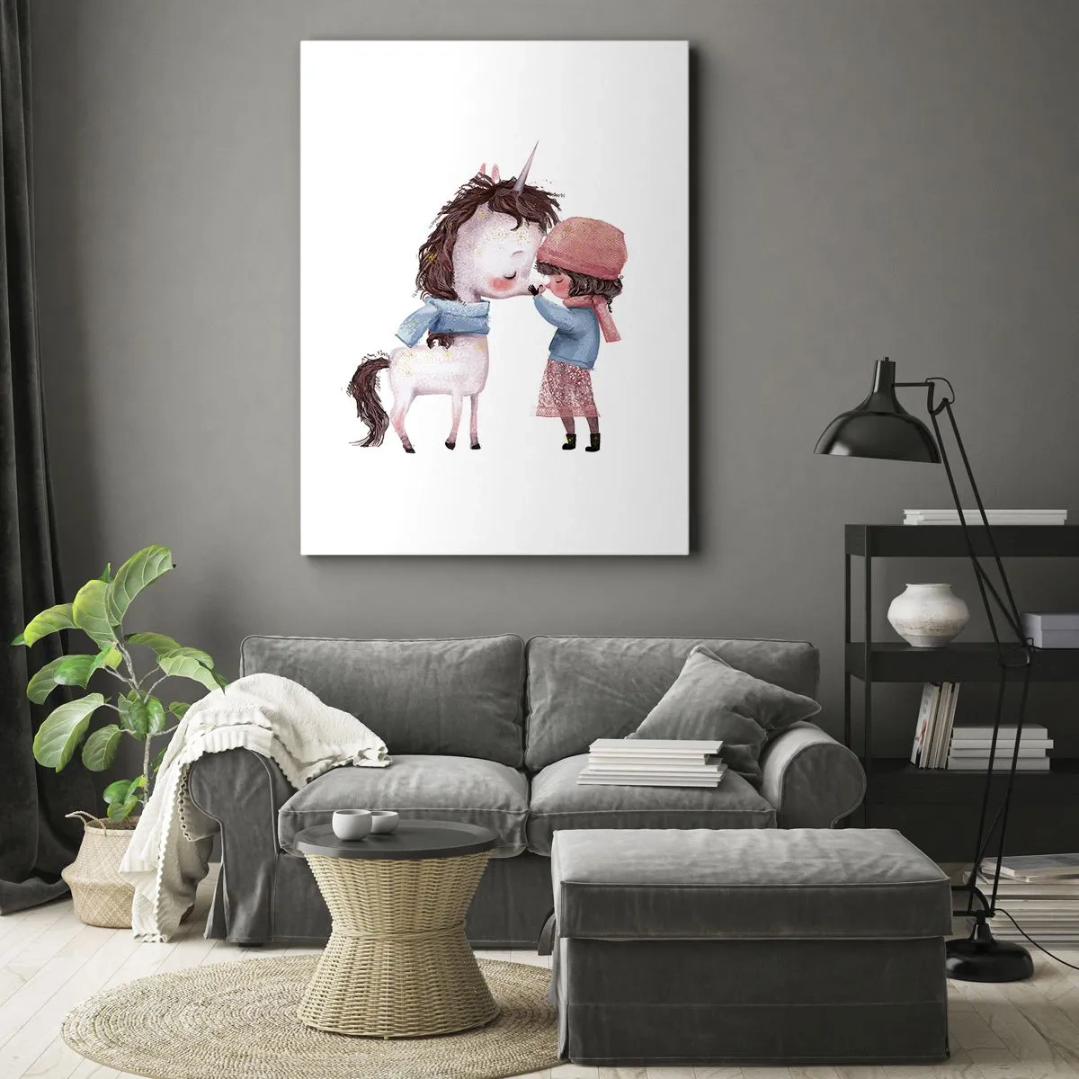 Impression sur toile - Image sur toile - Une fille et une licorne dans un paysage hivernal - 50x70cm - Histoire d'hiver - Décoration murale moderne pour le salon et la chambre ARTTOR