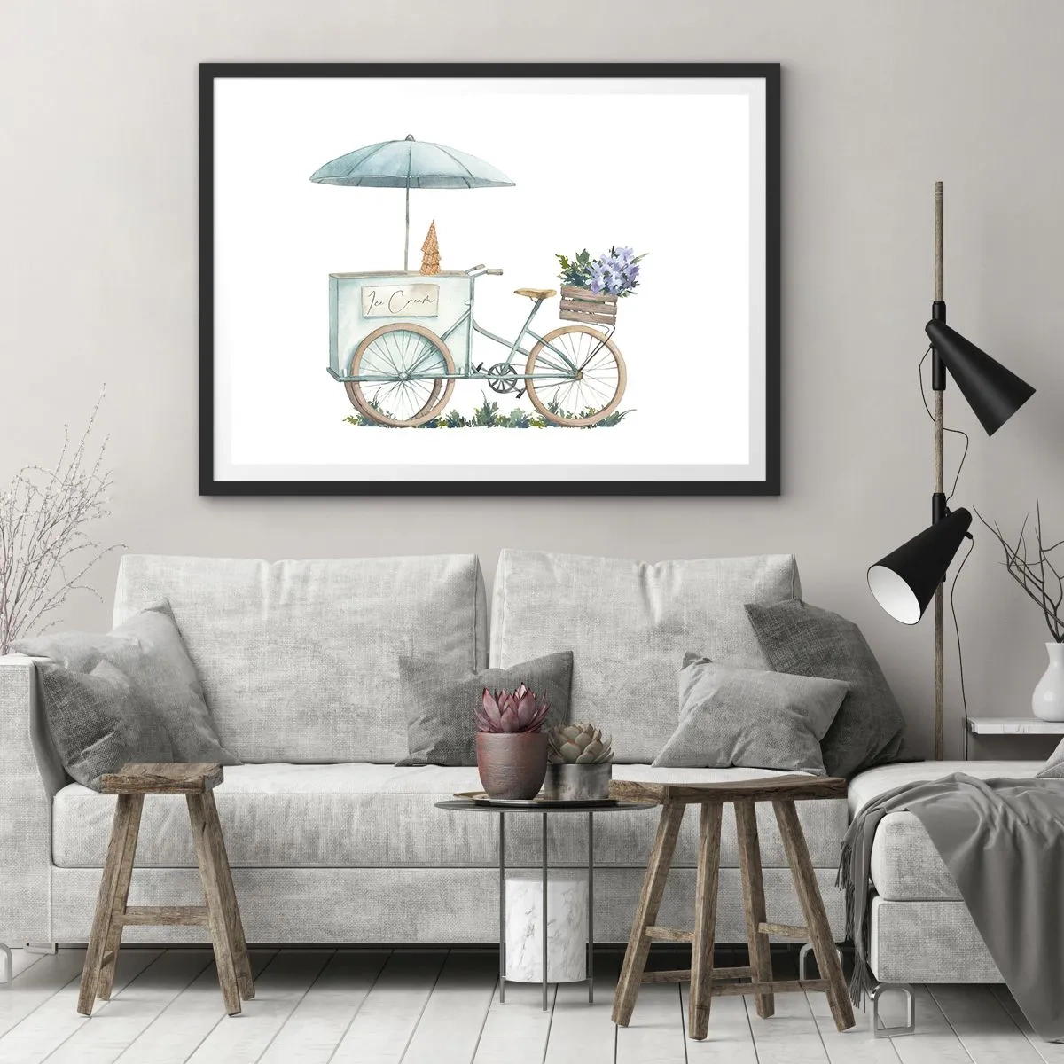 Affiche dans un cadre noir - Poster - Un vélo avec de la glace et des fleurs sous un parapluie aux couleurs pastel délicates - 70x50cm - Doux souvenir d'été - Décoration murale moderne pour le salon et la chambre ARTTOR