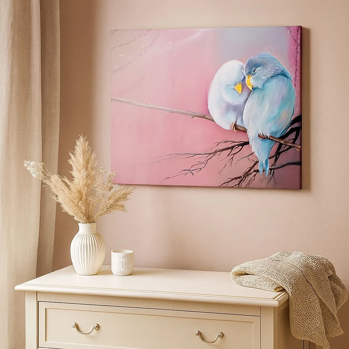 Impression sur toile - Image sur toile - Deux oiseaux amoureux sur une branche sur fond rose - 70x50cm - Que dire de plus?... - Décoration murale moderne pour le salon et la chambre ARTTOR