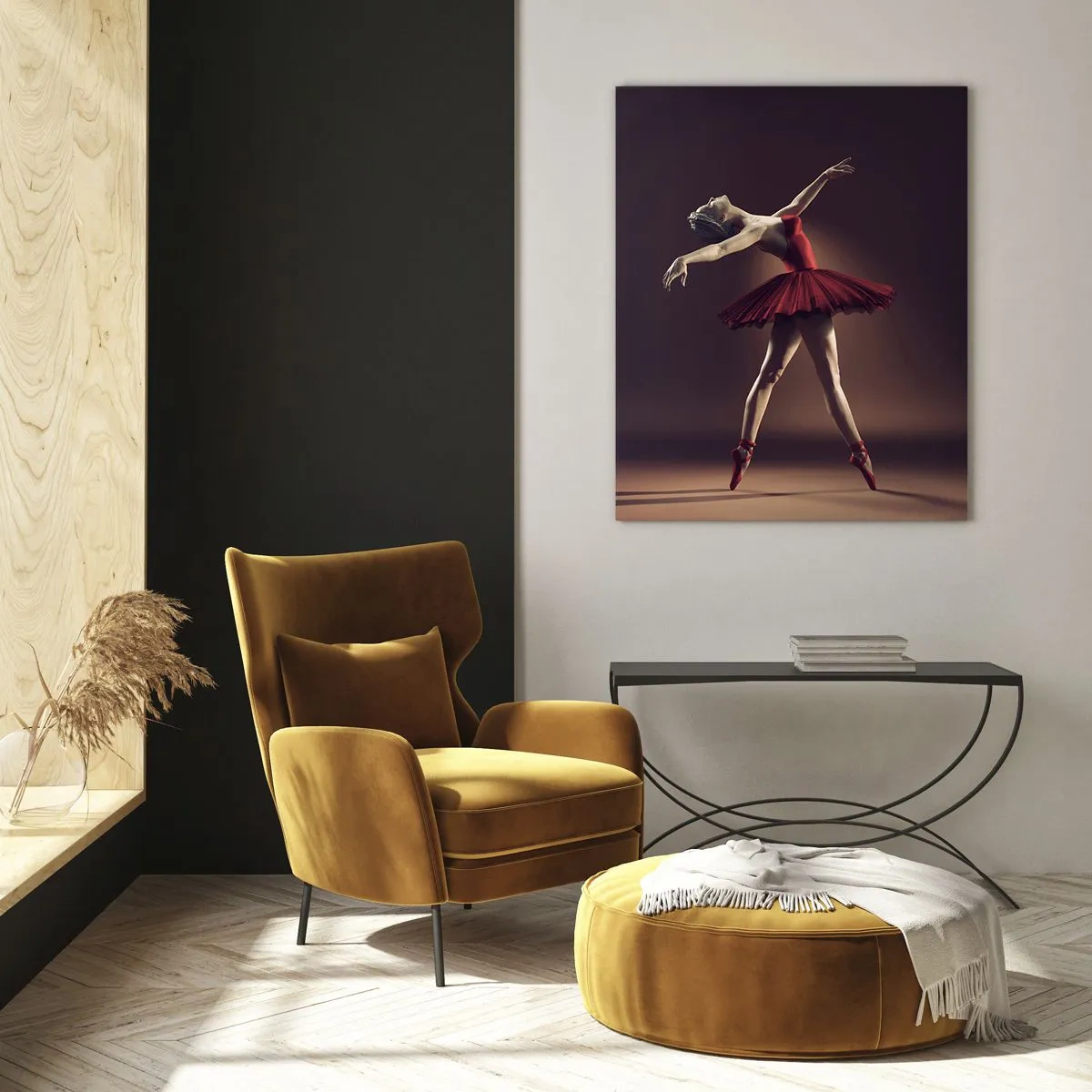 Impression sur verre - Image sur verre - Une danseuse de ballet en robe rouge sur fond de scène - 70x100cm - Une danseuse étoile - Décoration murale moderne pour le salon et la chambre ARTTOR