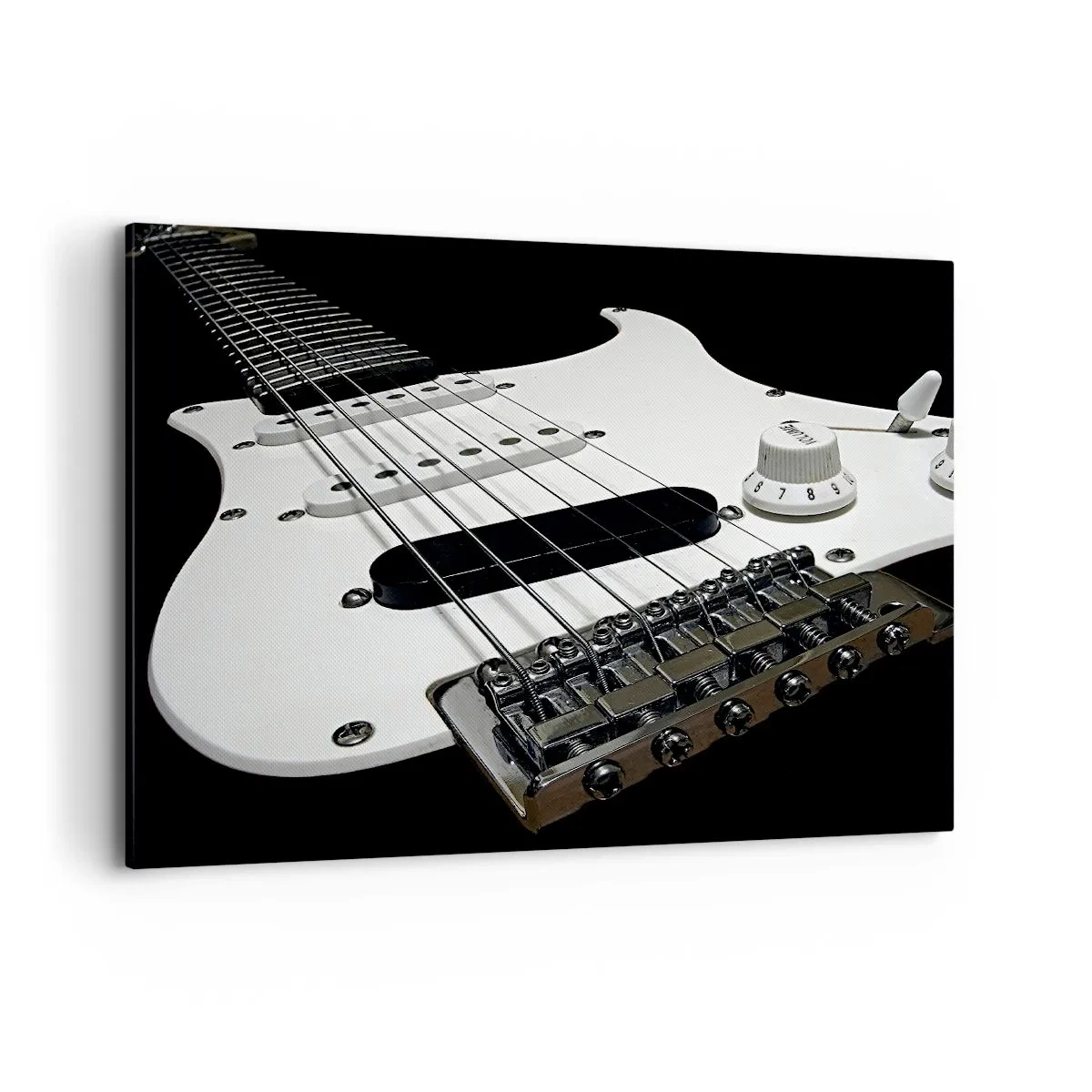 Impression sur toile - Image sur toile - Gros plan d'une guitare électrique blanche sur fond noir. - 100x70cm - Son caché en blanc - Décoration murale moderne pour le salon et la chambre ARTTOR