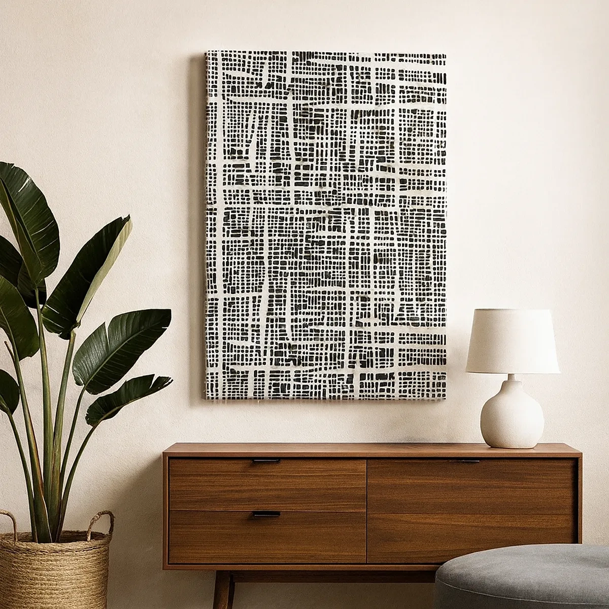 Impression sur toile - Image sur toile - Un motif géométrique ressemblant à une grille sur un fond clair - 50x70cm - Composition tissée - Décoration murale moderne pour le salon et la chambre ARTTOR