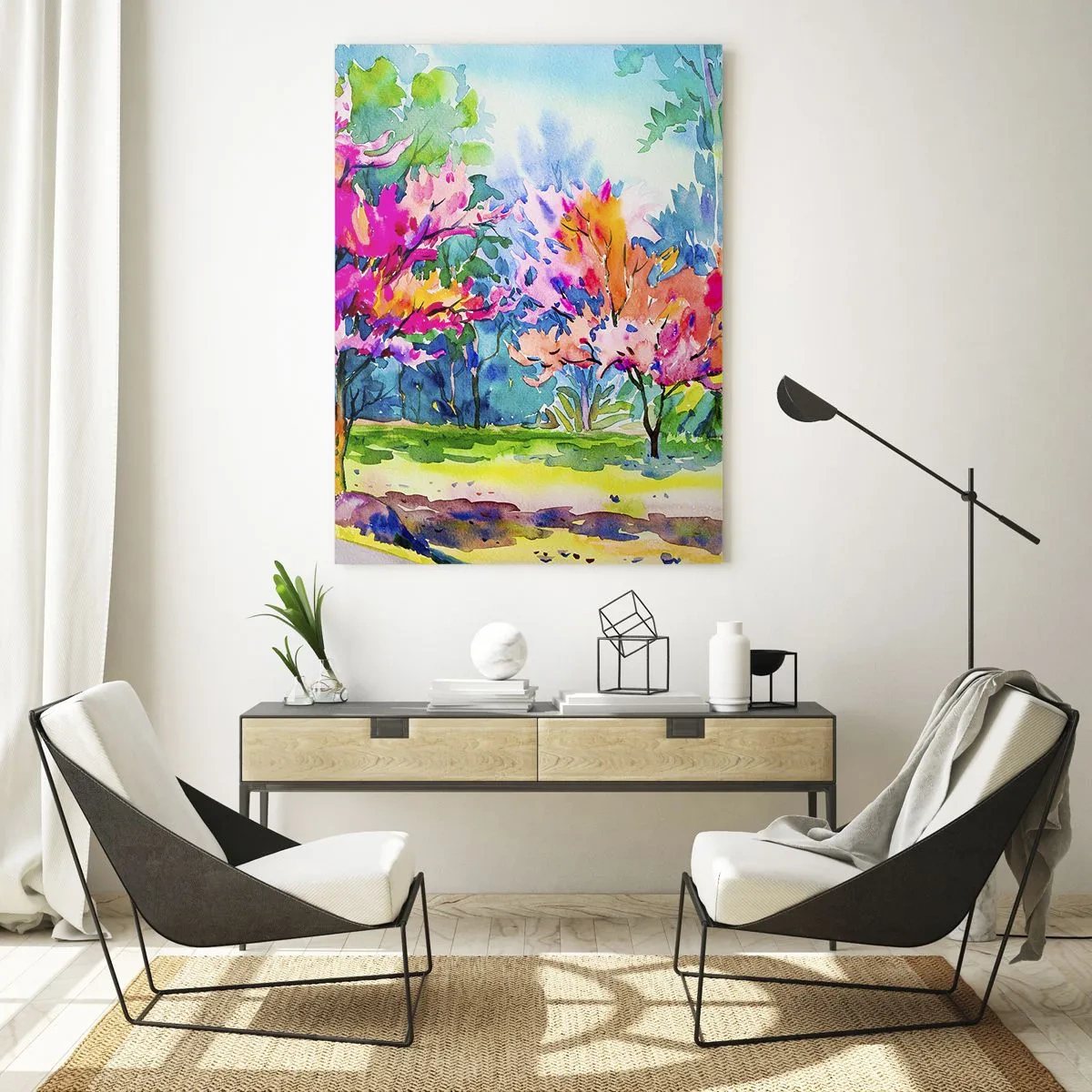 Impression sur verre - Image sur verre - Arbres colorés dans le parc peints avec la technique de l'aquarelle - 50x70cm - Jardin arc-en-ciel à la lumière du printemps - Décoration murale moderne pour le salon et la chambre ARTTOR