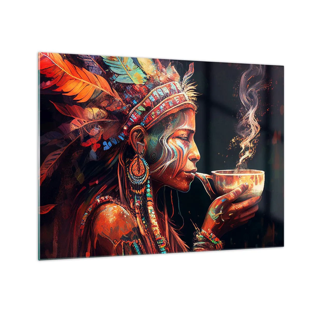 Impression sur verre - Image sur verre - Une figure portant une coiffe à plumes buvant une potion dans une atmosphère mystique - 70x50cm - Rituel magique - Décoration murale moderne pour le salon et la chambre ARTTOR