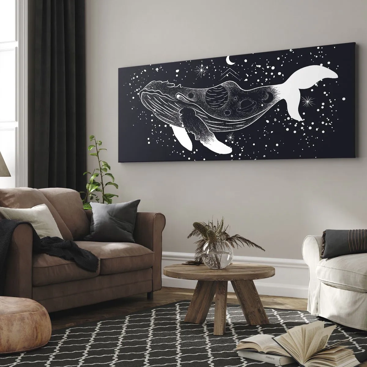 Impression sur toile - Image sur toile - Une illustration graphique d'une baleine dans un style de l'ère spatiale. - 140x50cm - Dans l'océan de l'univers - Décoration murale moderne pour le salon et la chambre ARTTOR