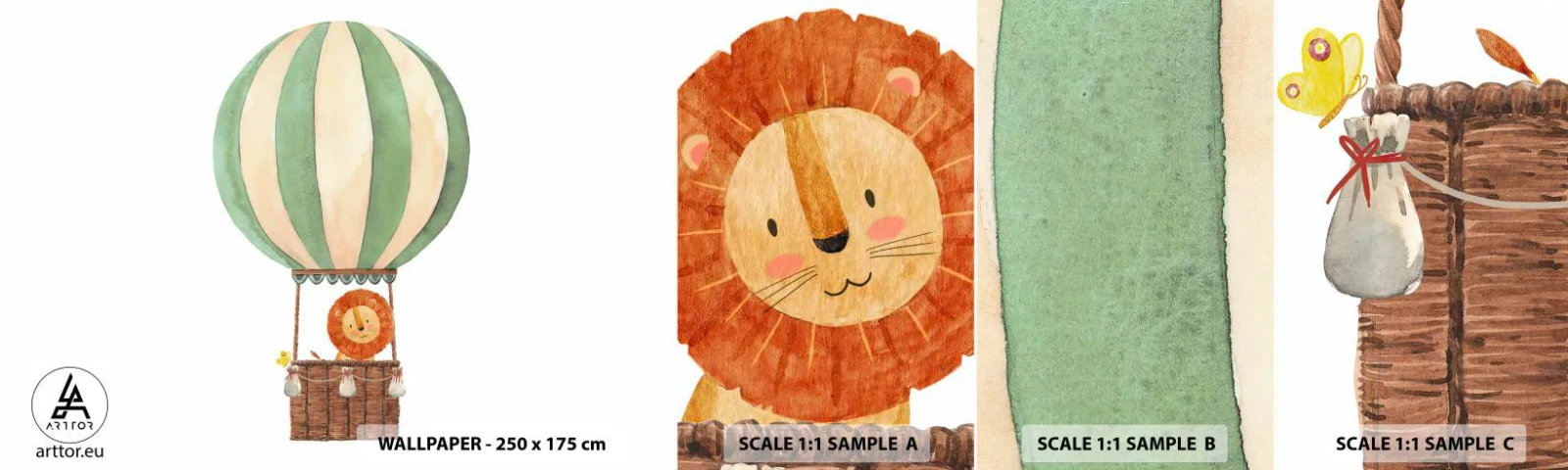Échantillon De Papier Peint Standard Eco - Les voyages de Léon - Ballon, Lion, Enfants - 100x30 cm