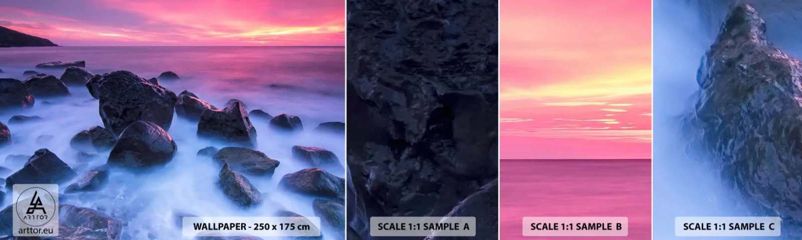 Échantillon de Papier Peint Autocollant Deluxe Sticker - Naissance dans la lumière et le brouillard - Paysage, Océan, Coucher de soleil - 100x30 cm