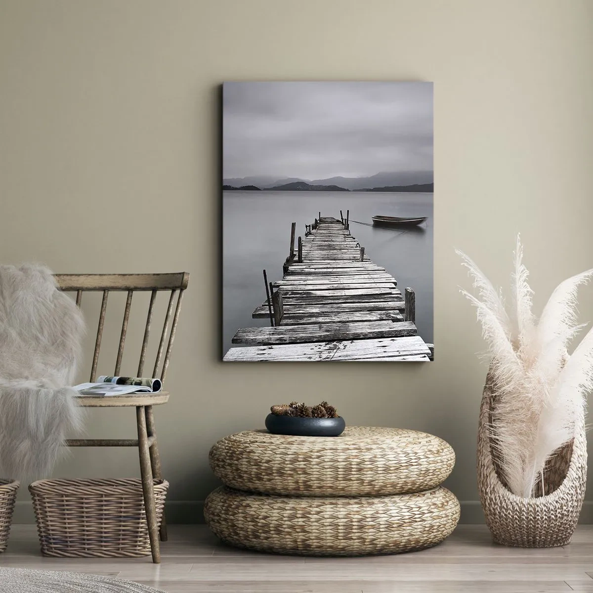 Impression sur toile - Image sur toile - Un pont en bois menant à la surface calme du lac - 50x70cm - Tu peux partir demain - Décoration murale moderne pour le salon et la chambre ARTTOR
