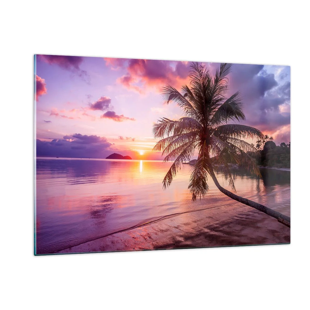 Impression sur verre - Image sur verre - Plage exotique avec un palmier au coucher du soleil - 120x80cm - Le bonheur à l'horizon - Décoration murale moderne pour le salon et la chambre ARTTOR