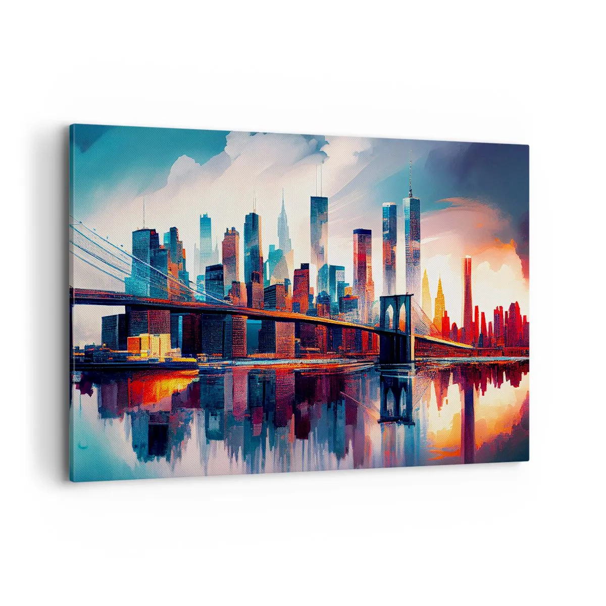 Impression sur toile - Image sur toile - Panorama de la ville de New York avec pont et reflet dans l'eau - 120x80cm - New York onirique - Décoration murale moderne pour le salon et la chambre ARTTOR