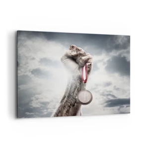 Impression sur toile - Image sur toile - Une main levée avec une médaille contre un ciel nuageux - 120x80cm - Per aspera ad astra - Décoration murale moderne pour le salon et la chambre ARTTOR