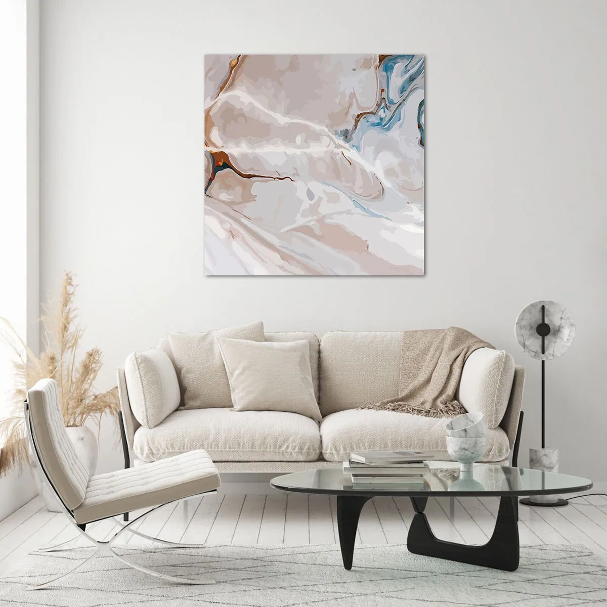 Impression sur verre - Image sur verre - Le bleu serpente sous le blanc - 70x70 cm