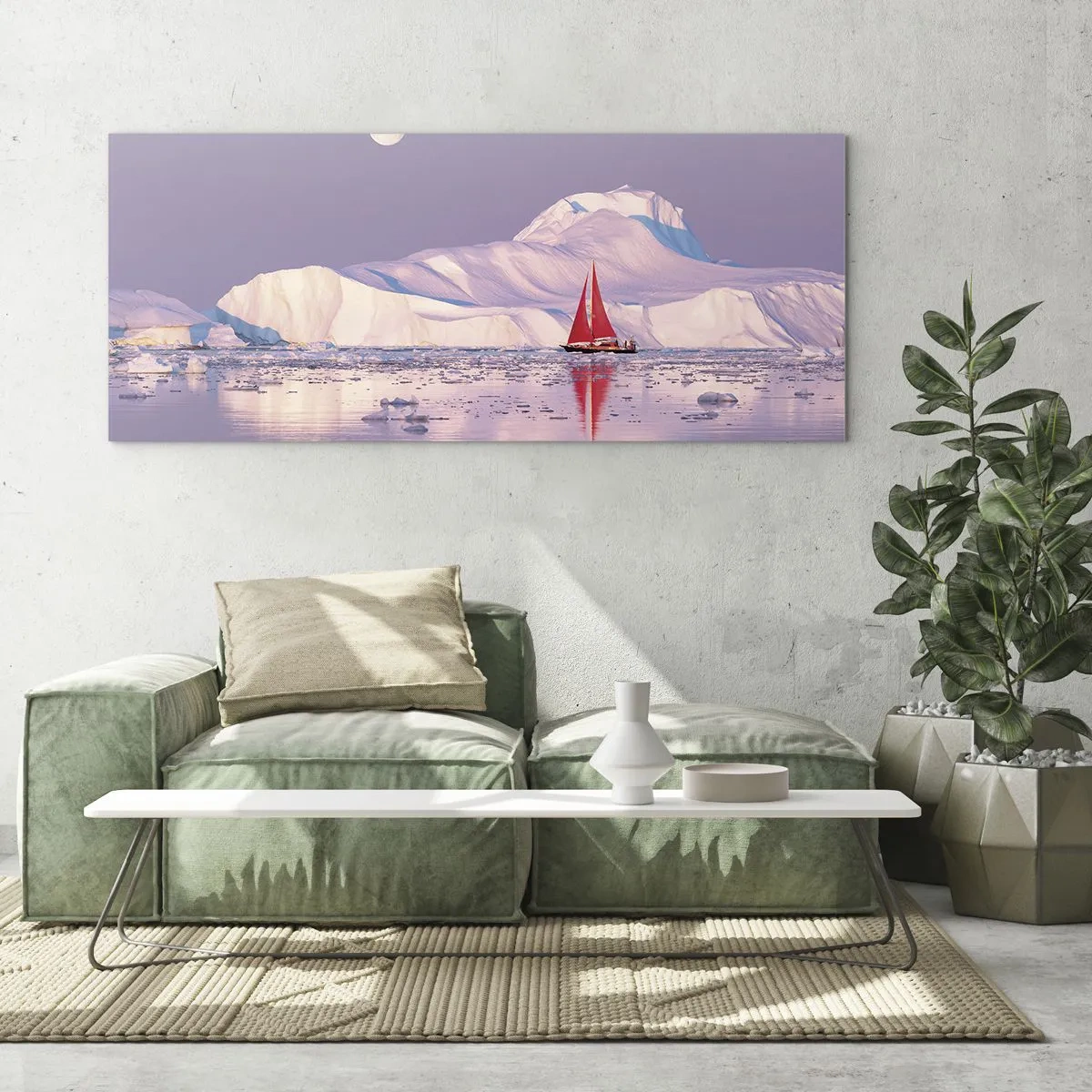 Impression sur verre - Image sur verre - Une voile rouge sur fond de montagnes glacées et de pleine lune. - 120x50cm - La chaleur de la voile, le froid de la glace - Décoration murale moderne pour le salon et la chambre ARTTOR