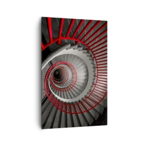 Impression sur toile - Image sur toile - Escalier en colimaçon avec rampes rouges dans une perspective dynamique - 80x120cm - Amusement architectural - Décoration murale moderne pour le salon et la chambre ARTTOR