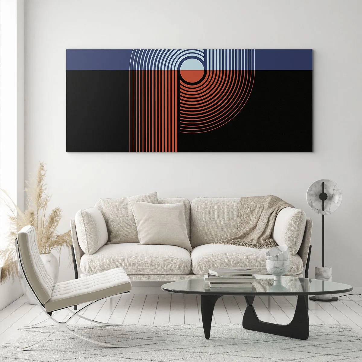 Impression sur verre - Image sur verre - Abstraction géométrique avec des lignes bleu marine et orange. - 160x50cm - Dans une étreinte géométrique - Décoration murale moderne pour le salon et la chambre ARTTOR
