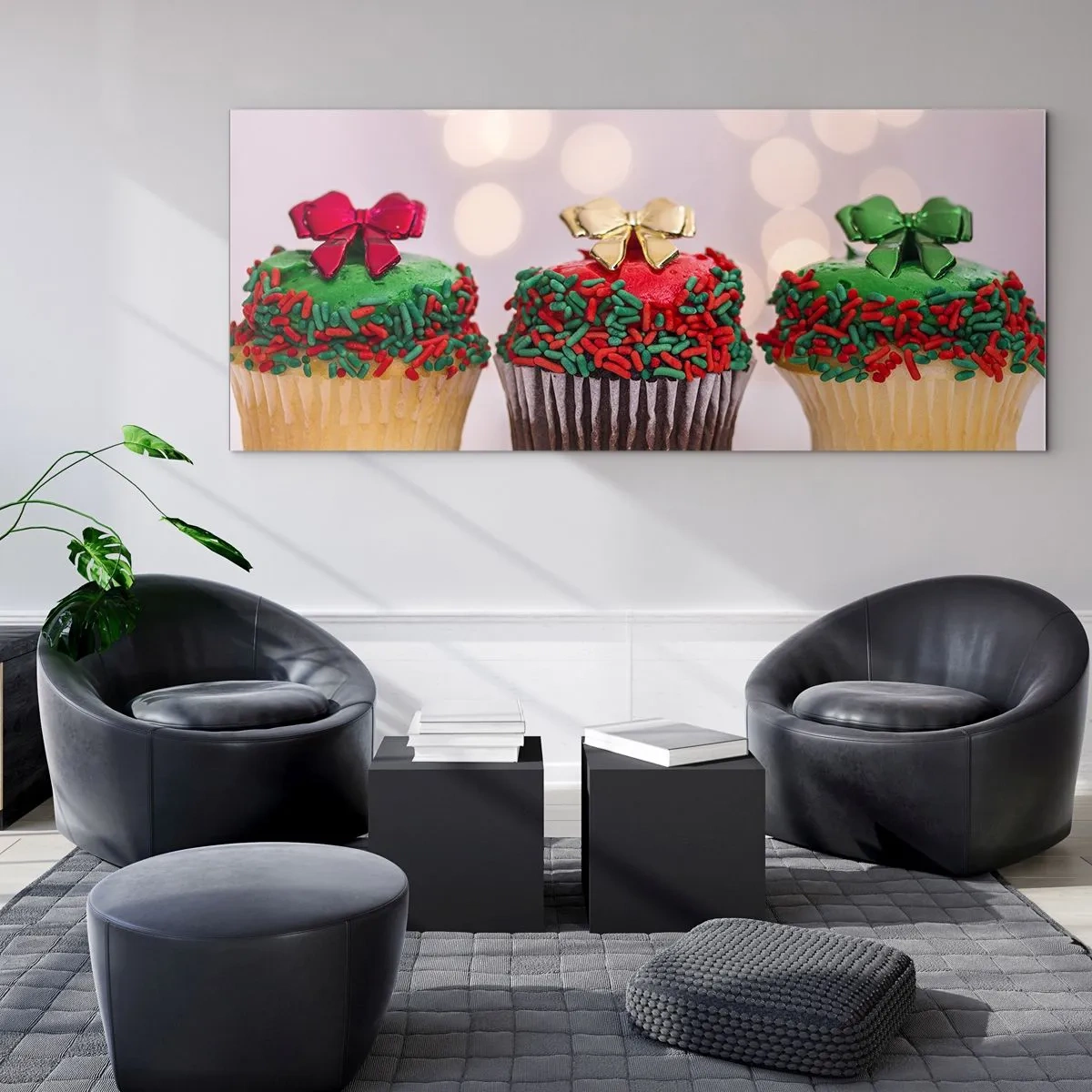 Impression sur verre - Image sur verre - Cupcakes de Noël avec des paillettes et des nœuds colorés - 120x50cm - Une sucrerie après la cocarde - Décoration murale moderne pour le salon et la chambre ARTTOR
