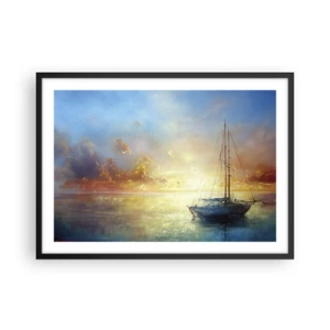 Affiche dans un cadre noir - Poster - Un yacht sur une mer calme au coucher du soleil - 70x50cm - Dans une baie dorée - Décoration murale moderne pour le salon et la chambre ARTTOR