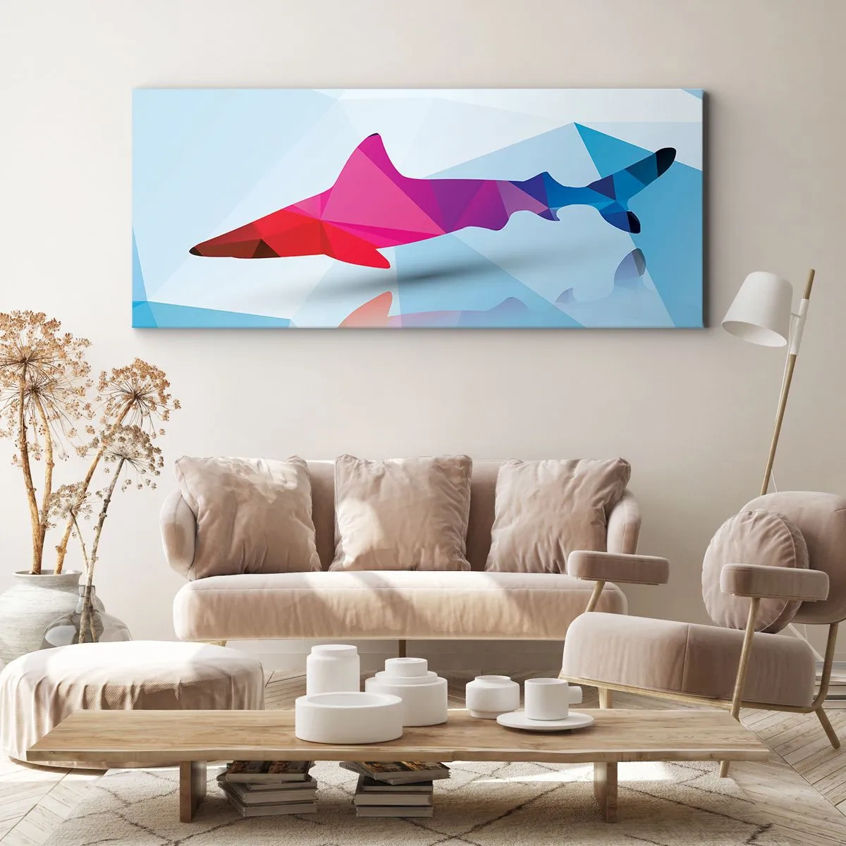 Impression sur toile - Image sur toile - Silhouette de requin géométrique dans les tons rose et bleu - 160x50cm - Un requin dans un espace de cristal - Décoration murale moderne pour le salon et la chambre ARTTOR