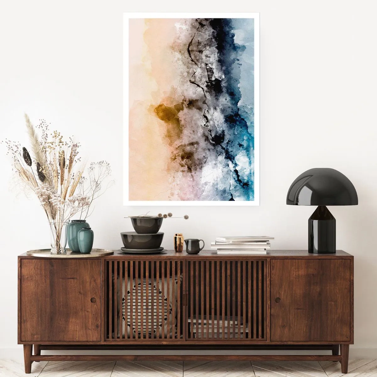 Affiche - Poster - Composition abstraite dans les tons de bleu et de beige - 50x70cm - Noyé dans un nuage de brouillard - Décoration murale moderne pour le salon et la chambre ARTTOR