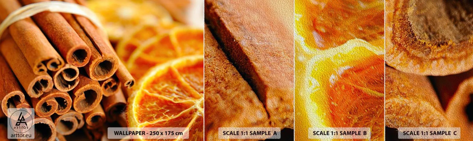 Échantillon de Papier Peint Premium Sand - Sentez-vous leurs odeurs? - Orange, Le bâton de cannelle, Épices - 100x30 cm