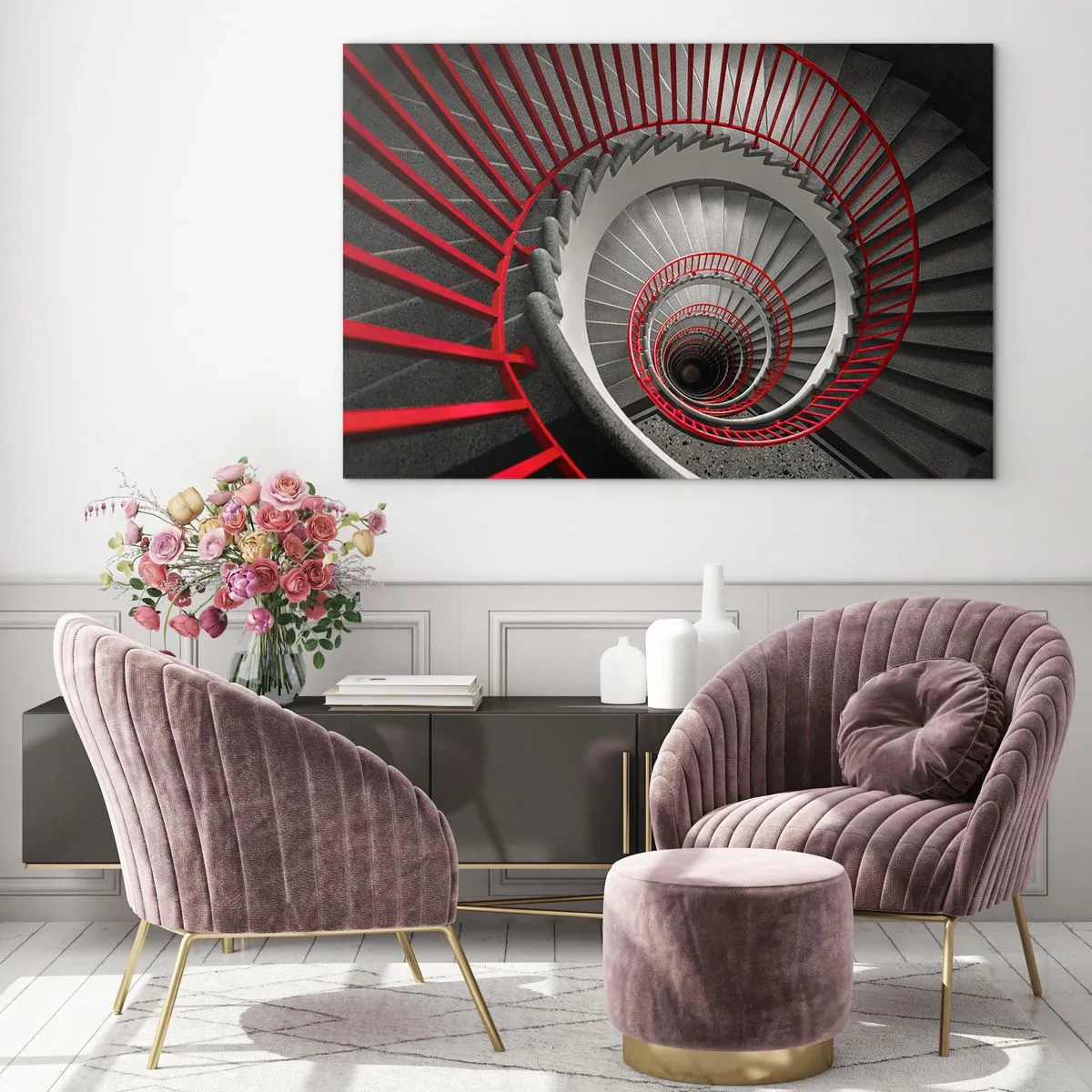 Impression sur verre - Image sur verre - Escalier en colimaçon avec rampes rouges en perspective - 70x50cm - Amusement architectural - Décoration murale moderne pour le salon et la chambre ARTTOR