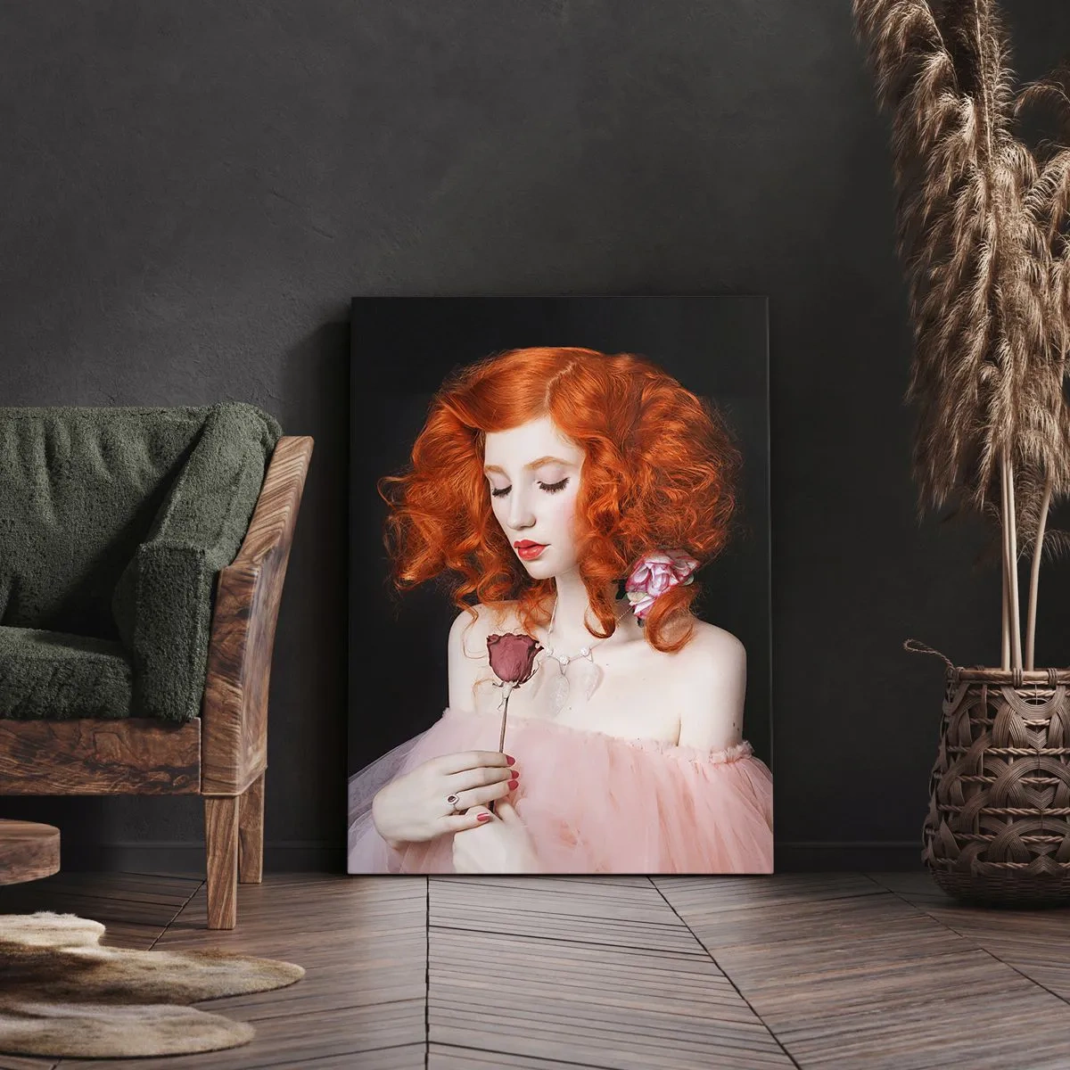 Impression sur toile - Image sur toile - Une femme aux cheveux roux tenant une rose - 50x70cm - De style baroque - Décoration murale moderne pour le salon et la chambre ARTTOR