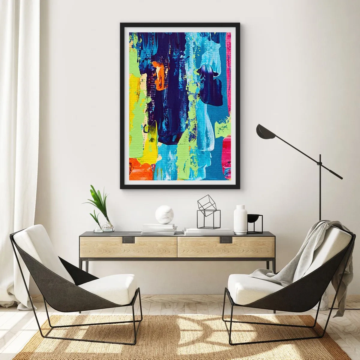 Affiche dans un cadre noir - Poster - Coups de pinceau abstraits aux couleurs vives - 50x70cm - La vie est belle! - Décoration murale moderne pour le salon et la chambre ARTTOR