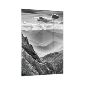 Impression sur verre - Image sur verre - Panorama de montagne en noir et blanc avec vue sur la vallée - 50x70cm - Jusqu'à l'horizon - Décoration murale moderne pour le salon et la chambre ARTTOR