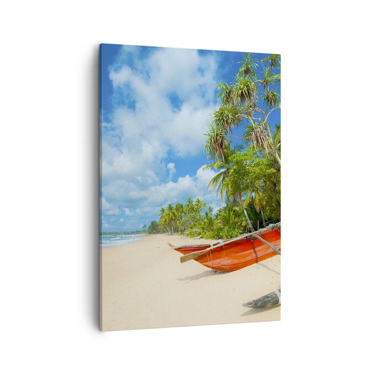 Impression sur toile - Image sur toile - Plage tropicale avec palmiers et bateaux colorés - 50x70cm - Le charme des tropiques - Décoration murale moderne pour le salon et la chambre ARTTOR