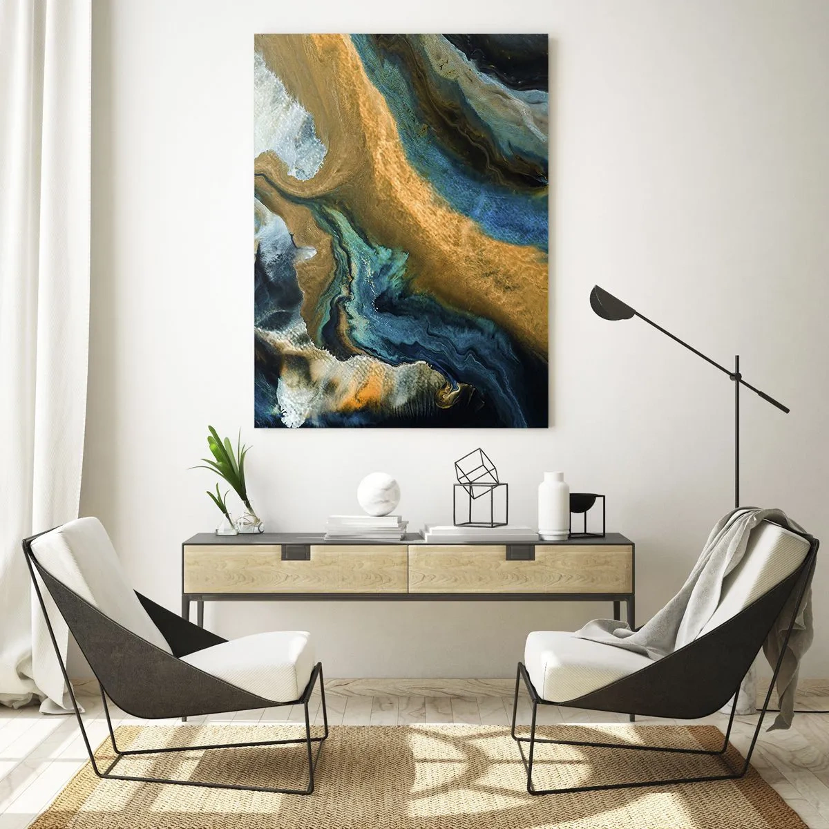 Impression sur verre - Image sur verre - Vagues abstraites dans des tons d'or et de bleu - 70x100cm - Bleu - jaune - influences mutuelles - Décoration murale moderne pour le salon et la chambre ARTTOR