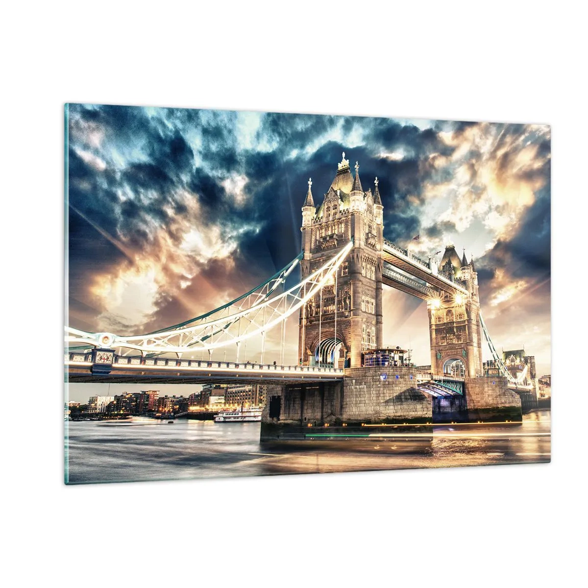Impression sur verre - Image sur verre - Le Tower Bridge à Londres sous un ciel dramatique - 120x80cm - Monument de l'empire victorien - Décoration murale moderne pour le salon et la chambre ARTTOR