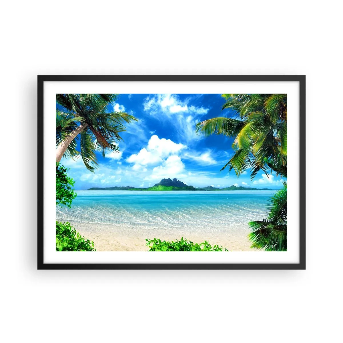 Affiche dans un cadre noir - Poster - Plage tropicale avec palmiers et vue sur l'île - 70x50cm - L'azur des tropiques - Décoration murale moderne pour le salon et la chambre ARTTOR