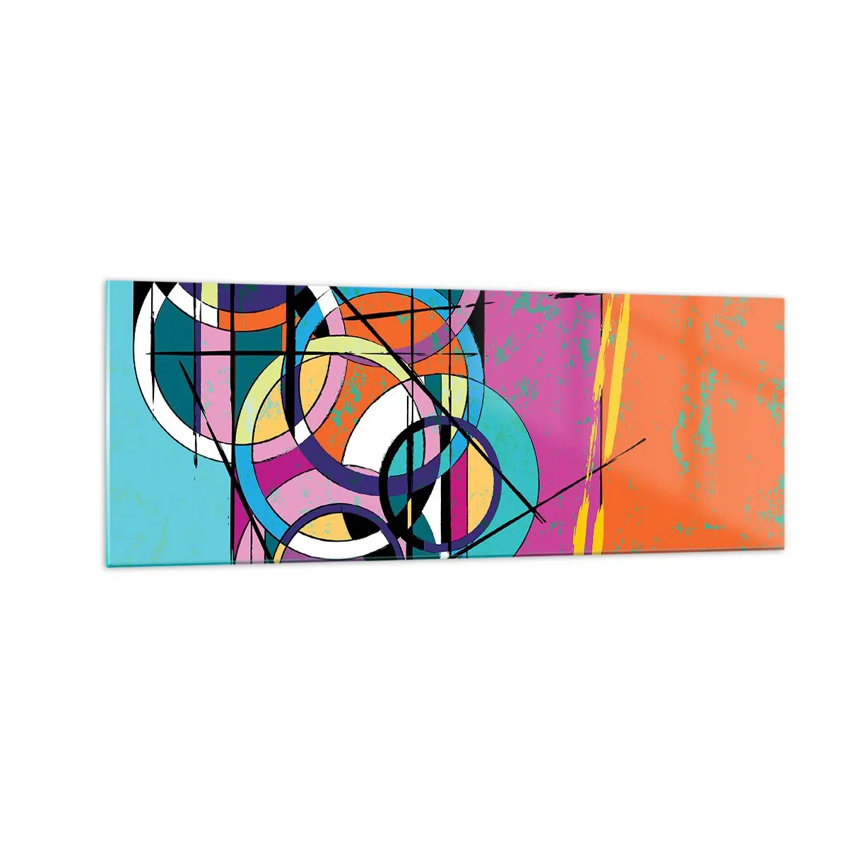 Impression sur verre - Image sur verre - Abstraction colorée avec des cercles géométriques - 140x50cm - Roues sur roues - Décoration murale moderne pour le salon et la chambre ARTTOR