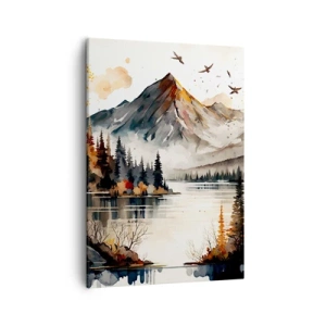 Impression sur toile - Image sur toile - Paysage de montagne d'automne avec un lac et des arbres à l'aquarelle - 50x70cm - Automne doré dans les montagnes - Décoration murale moderne pour le salon et la chambre ARTTOR