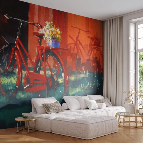 Papier Peint Photo Premium Canvas - I want to ride my bicycle - Vélo vintage, Fleurs en pot, Voyage - 150x105 cm