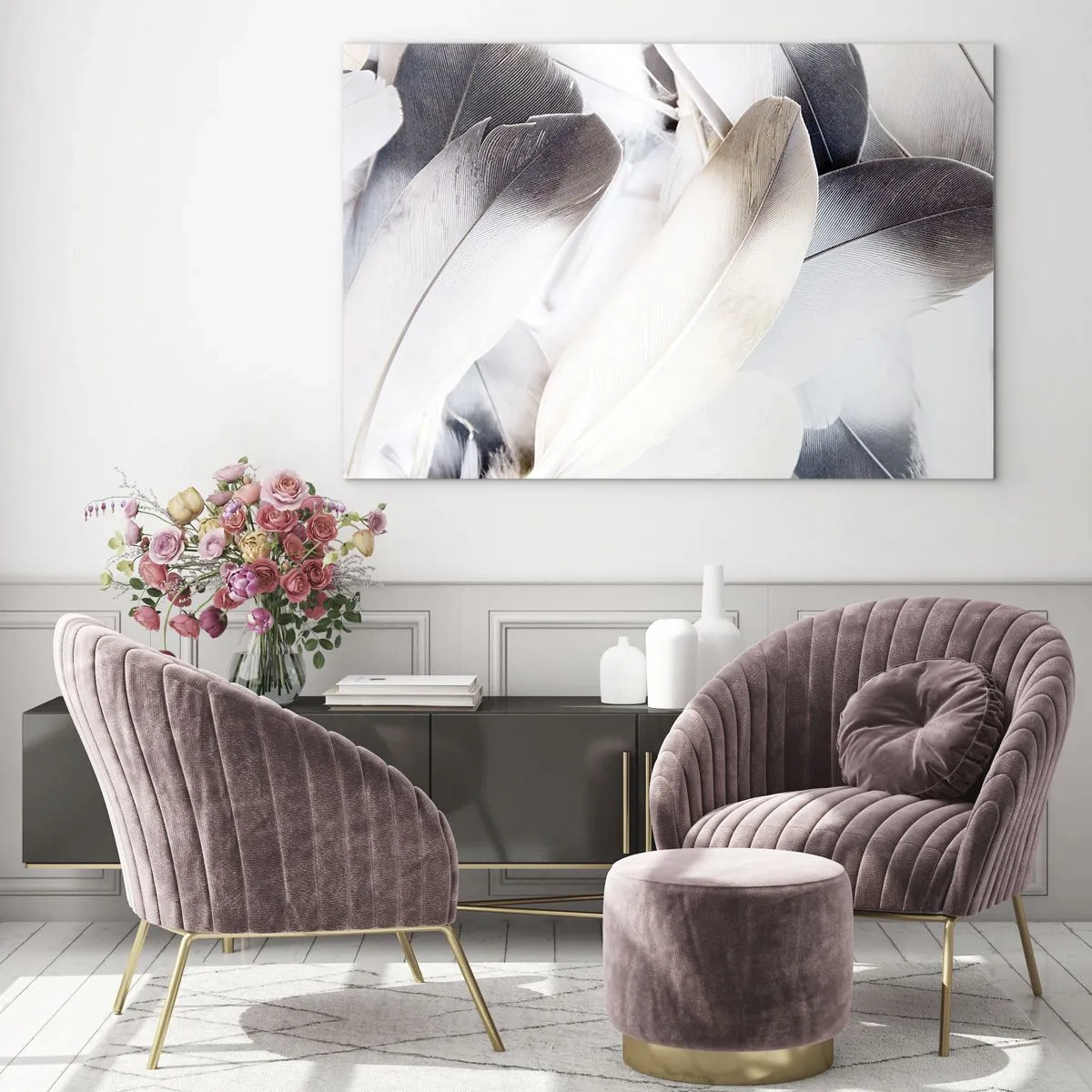 Impression sur verre - Image sur verre - Plumes délicates et légères dans des tons de blanc et de gris - 120x80cm - Presque angélique - Décoration murale moderne pour le salon et la chambre ARTTOR