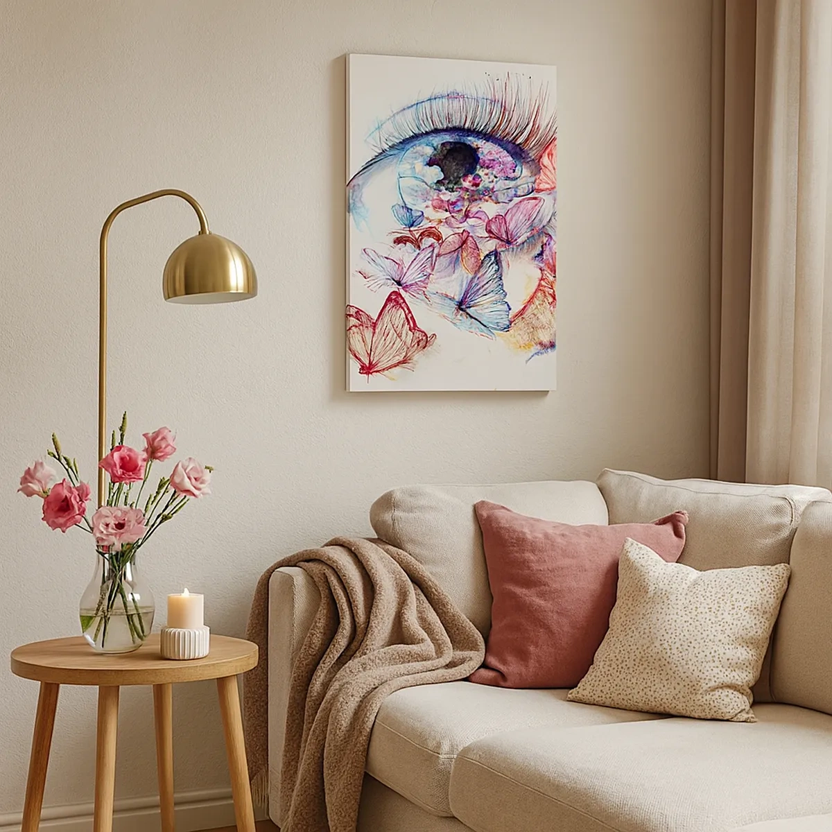 Impression sur toile - Image sur toile - Un œil aquarelle entouré de papillons colorés - 50x70cm - Charme des yeux de conte de fées - Décoration murale moderne pour le salon et la chambre ARTTOR