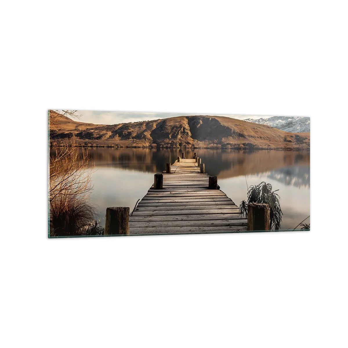 Impression sur verre - Image sur verre - Une jetée en bois sur un lac entouré de collines pittoresques - 120x50cm - Paysage silencieux - Décoration murale moderne pour le salon et la chambre ARTTOR