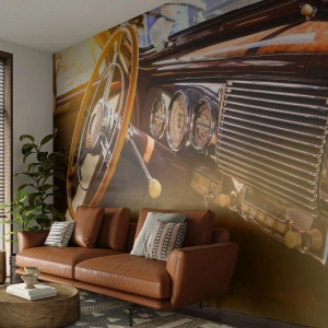 Papier Peint Photo Standard Eco - Intérieur de voiture classique avec garniture en bois - 100x70cm - Souffle de luxe venu du passé - Décoration murale moderne pour le salon et la chambre ARTTOR