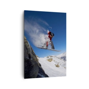 Impression sur toile - Image sur toile - Un snowboarder saute d'un rocher dans un paysage montagneux - 70x100cm - Et tu es devenu une partie de l'espace - Décoration murale moderne pour le salon et la chambre ARTTOR