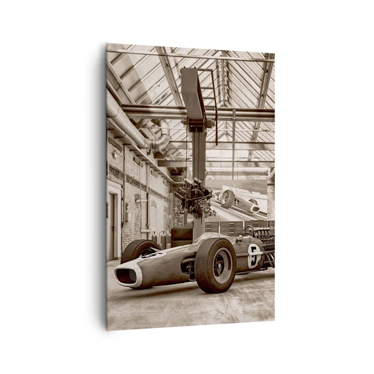 Impression sur toile - Image sur toile - Voiture de course noire et blanche dans un intérieur industriel - 80x120cm - Le repos du guerrier - Décoration murale moderne pour le salon et la chambre ARTTOR
