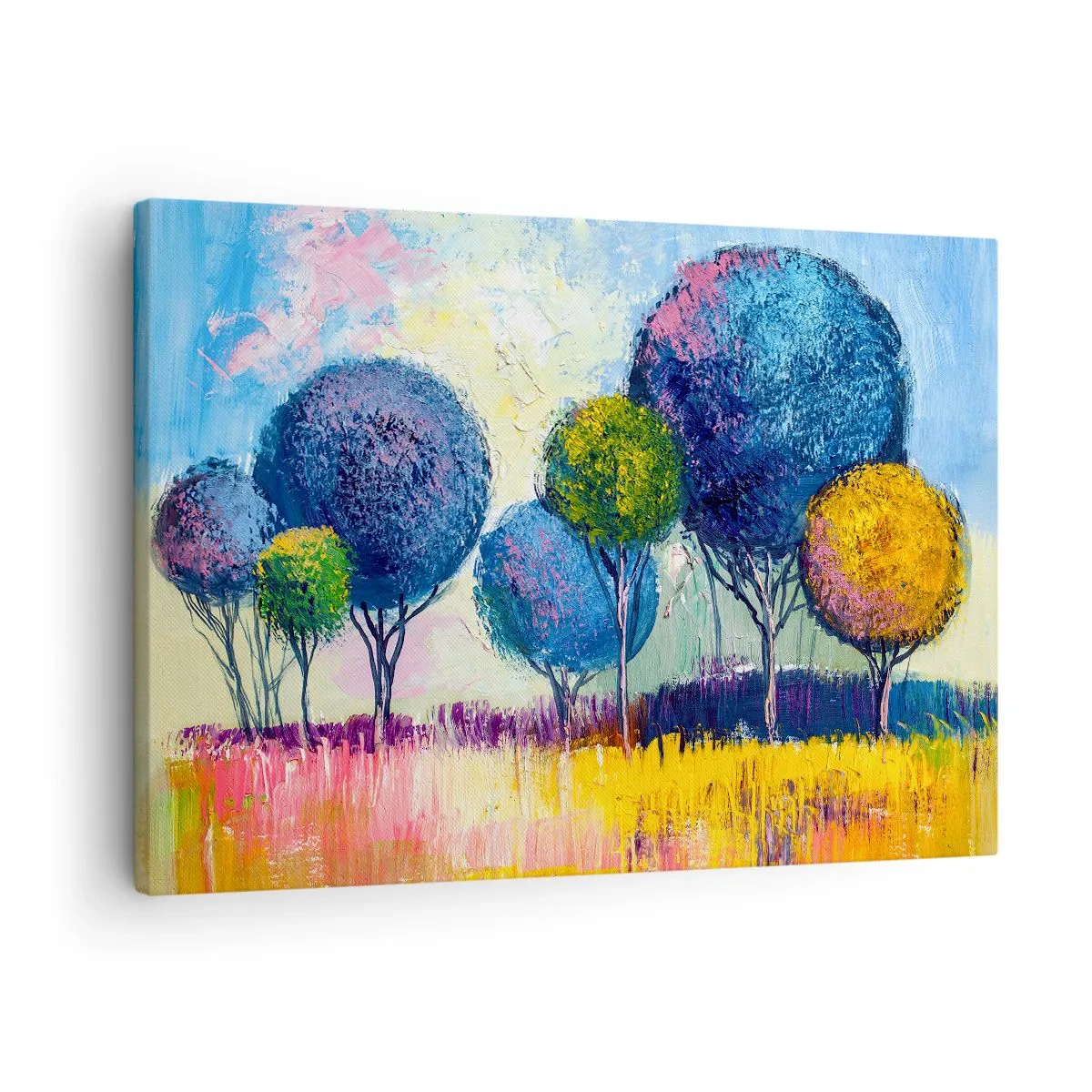 Impression sur toile - Image sur toile - Arbres colorés en forme de boule sur fond de paysage - 70x50cm - Sphère - la forme idéale - Décoration murale moderne pour le salon et la chambre ARTTOR