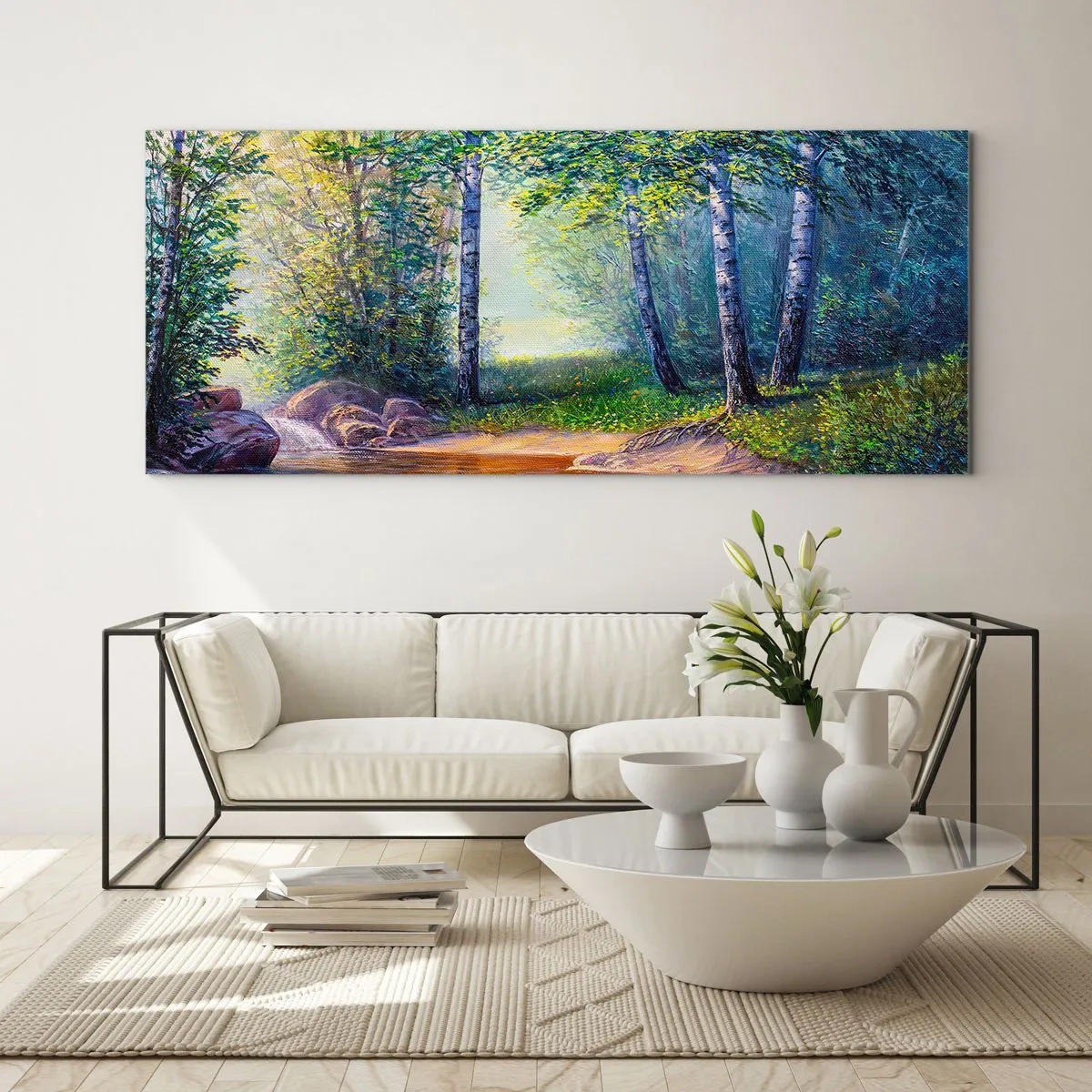 Impression sur verre - Image sur verre - Un ruisseau forestier entouré de bouleaux et de soleil - 120x50cm - Paysage idyllique - Décoration murale moderne pour le salon et la chambre ARTTOR