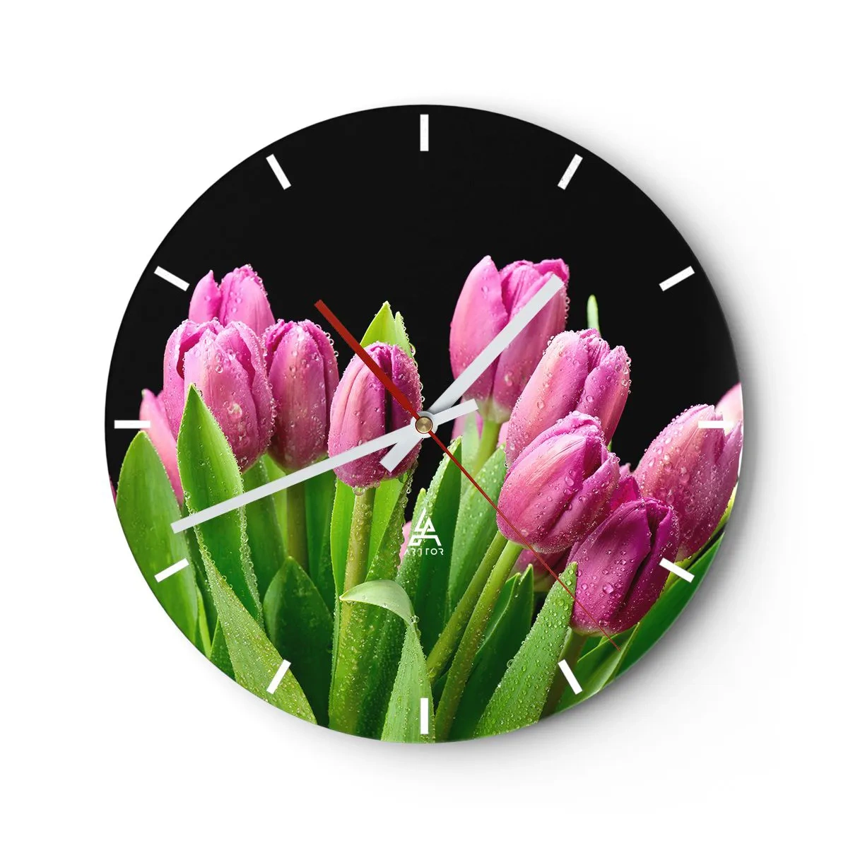 Horloge murale - Pendule murale - Un bouquet de tulipes roses avec des gouttes de rosée sur un fond sombre - 30x30cm - Joie printanière des lilas - Décoration murale moderne pour le salon, la cuisine et la chambre ARTTOR