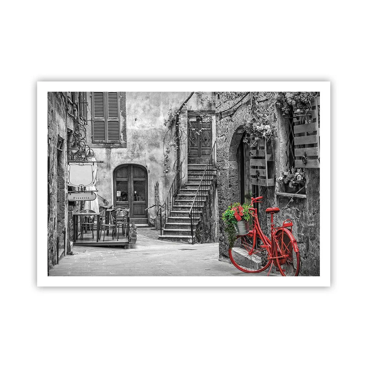 Affiche - Poster - Un vélo rouge dans une rue en noir et blanc - 100x70cm - Ruelle toscane - Décoration murale moderne pour le salon et la chambre ARTTOR