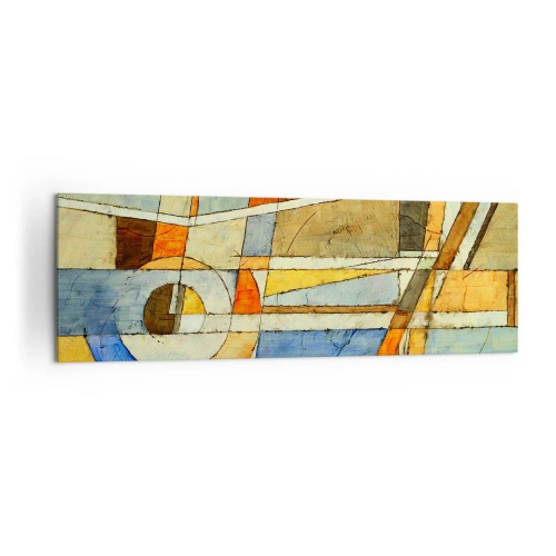 Impression sur toile - Image sur toile - Abstraction géométrique dans les tons beige, bleu et orange - 160x50cm - Cubisme sur le chantier - Décoration murale moderne pour le salon et la chambre ARTTOR